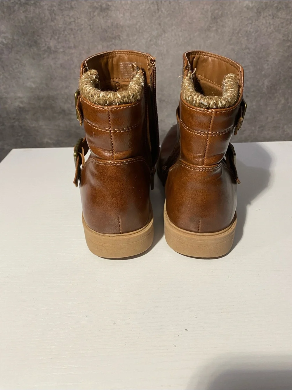 Wonder Nation Girls Size 5 Brown Ankle Boots Double Buckle Sweater Trim Zip